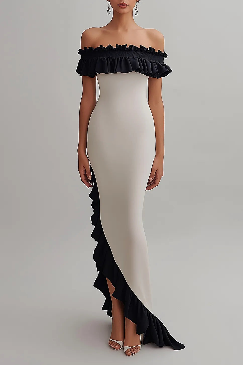 Robe de soirée formelle, épaules dénudées, volants, asymétrique, longueur au sol