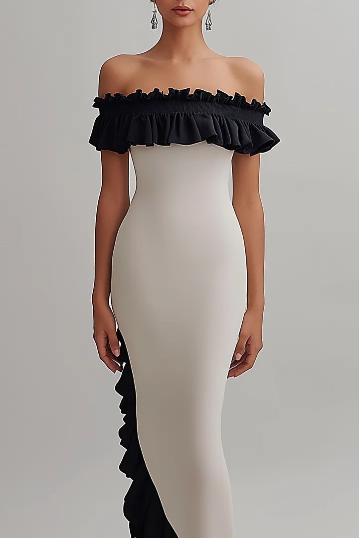 Robe de soirée formelle, épaules dénudées, volants, asymétrique, longueur au sol