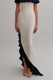 Robe de soirée formelle, épaules dénudées, volants, asymétrique, longueur au sol