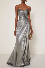 Evening Formal Dress V Neck Silver Silk Ruffles Strapless Maxi Dress