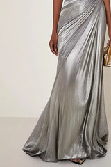 Evening Formal Dress V Neck Silver Silk Ruffles Strapless Maxi Dress