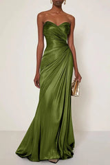 Evening Formal Dress V Neck Silver Silk Ruffles Strapless Maxi Dress