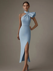 Semi-Formal Party Dress Light Blue Halter Tie Neck Side Slit Maxi Dress
