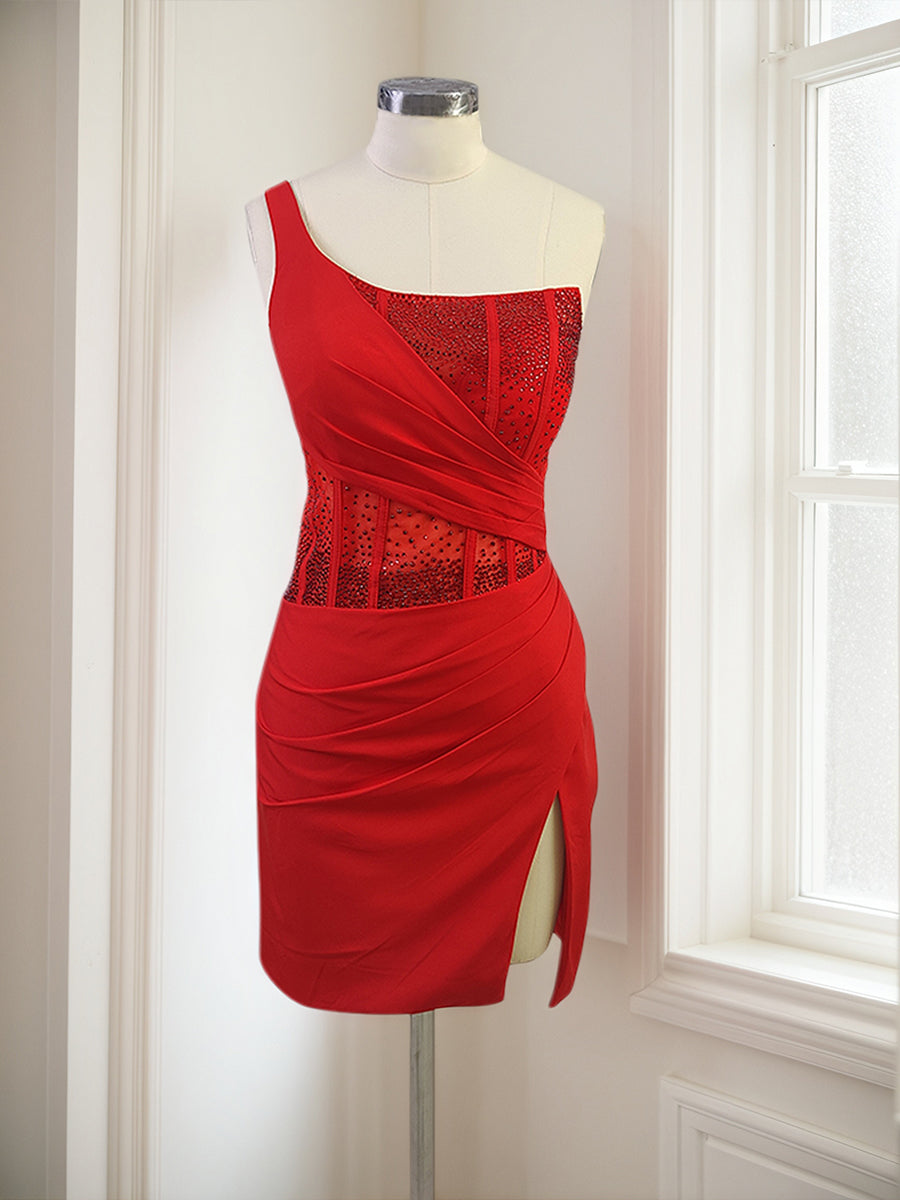 Red Bodycon One Shoulder Satin Short Homecoming Dresses with Slit