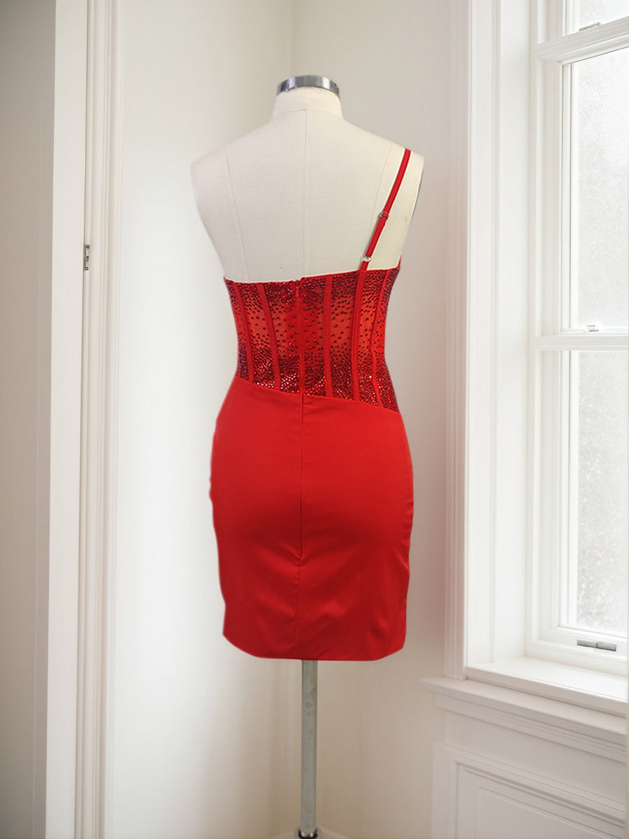 Red Bodycon One Shoulder Satin Short Homecoming Dresses with Slit