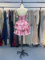 Pink A-Line Sweetheart Strapless Appliquues Tiered Homecoming Dress