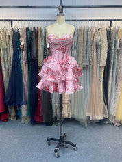 Pink A-Line Sweetheart Strapless Appliquues Tiered Homecoming Dress
