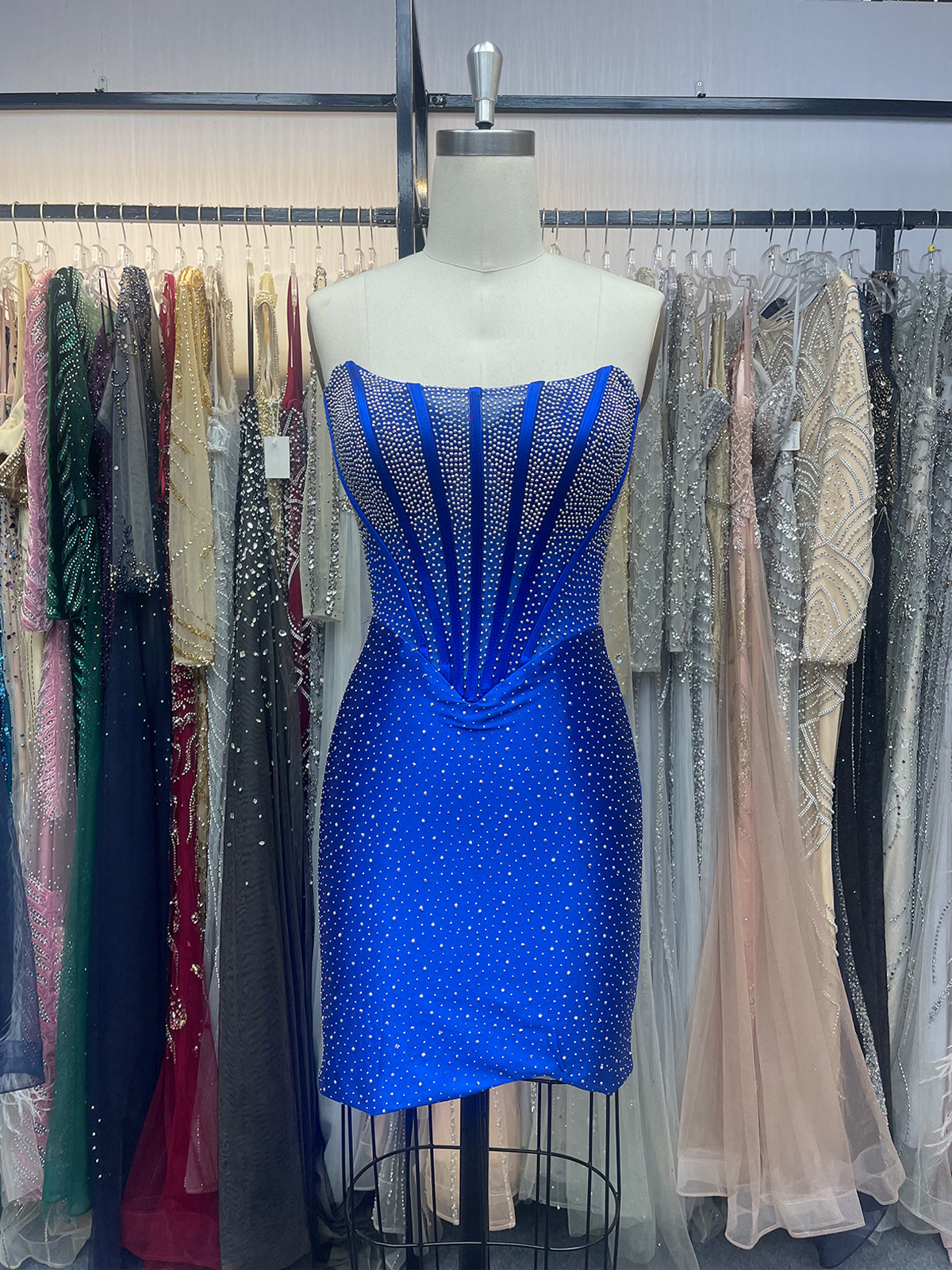 Royal Blue Strapless Fitted Beaded Bodice Short Homecoming Dress