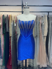 Royal Blue Strapless Fitted Beaded Bodice Short Homecoming Dress