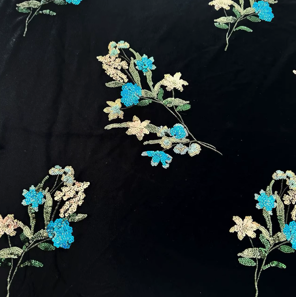 Black Embroidered Floral Velvet V-Neck Floor-Length Gown Dress
