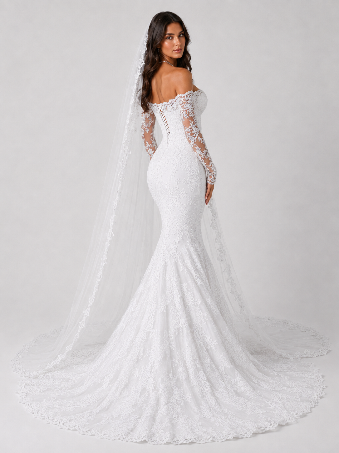 Elegant Lace Applique Off-the-Shoulder Mermaid Wedding Dress with Sweep Train