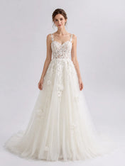 Romantic A-Line Tulle Wedding Dress with Floral Lace Bodice & 3D Appliqués