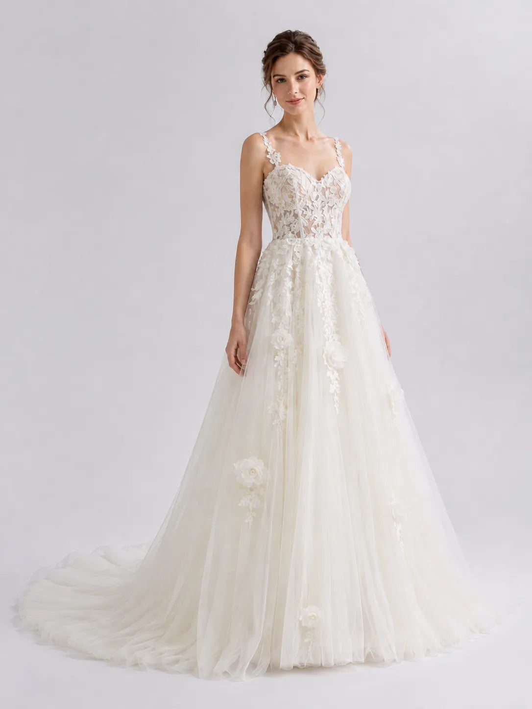 Romantic A-Line Tulle Wedding Dress with Floral Lace Bodice & 3D Appliqués
