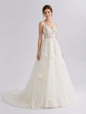 Romantic A-Line Tulle Wedding Dress with Floral Lace Bodice & 3D Appliqués