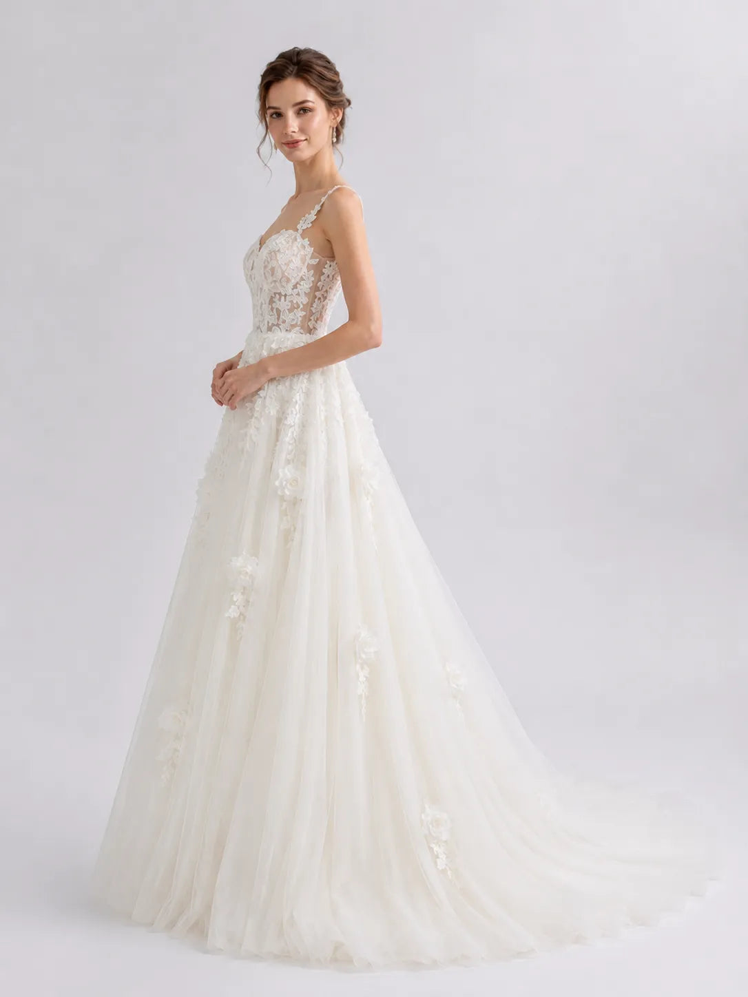 Romantic A-Line Tulle Wedding Dress with Floral Lace Bodice & 3D Appliqués