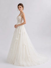 Romantic A-Line Tulle Wedding Dress with Floral Lace Bodice & 3D Appliqués