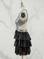 Black Halter Deep V-Neck Rhinestone Striped Tiered Ruffle Short Homecoming Dresses
