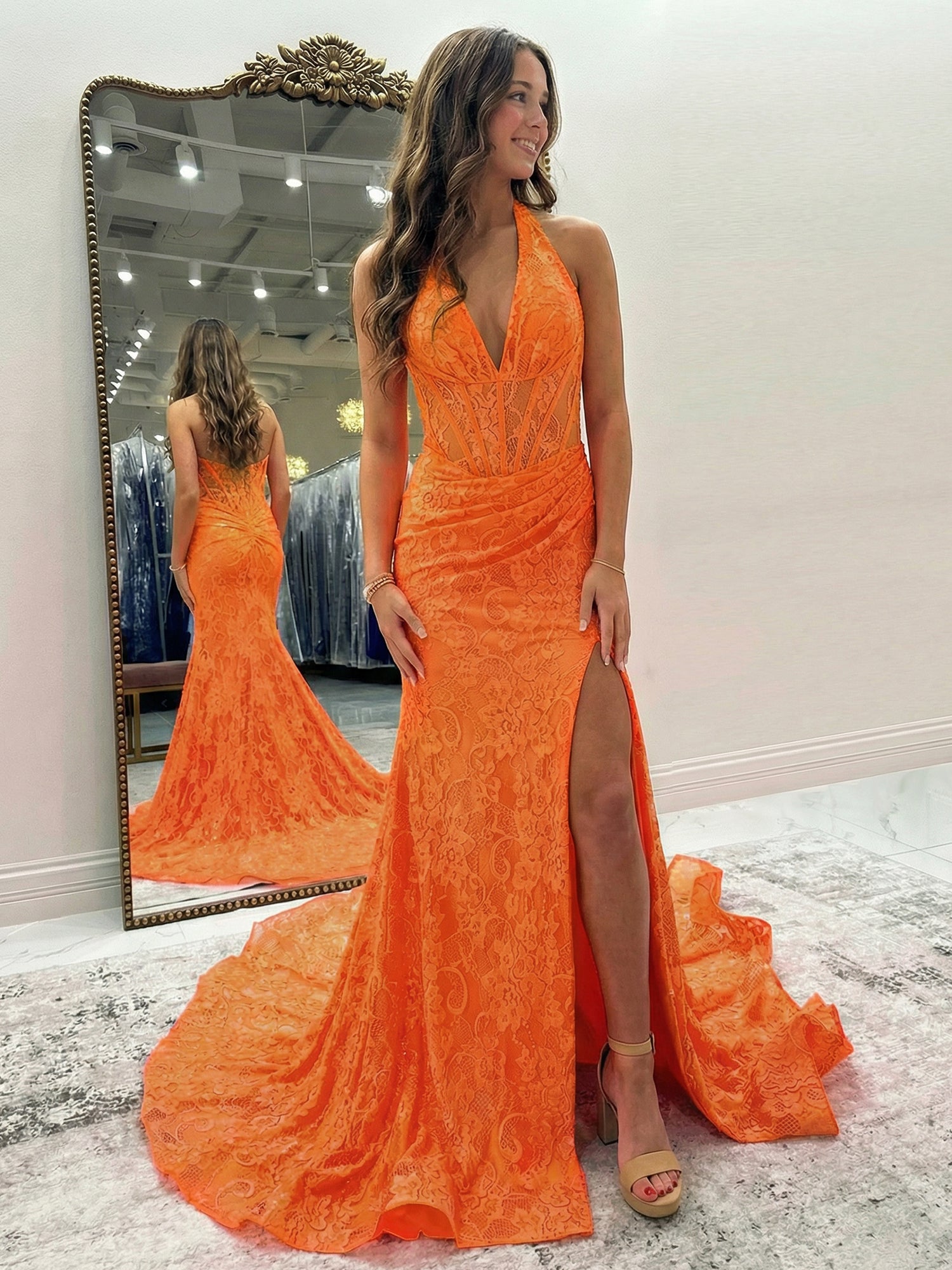 Black Mermaid Lace Halter Long Prom Dress with Slit