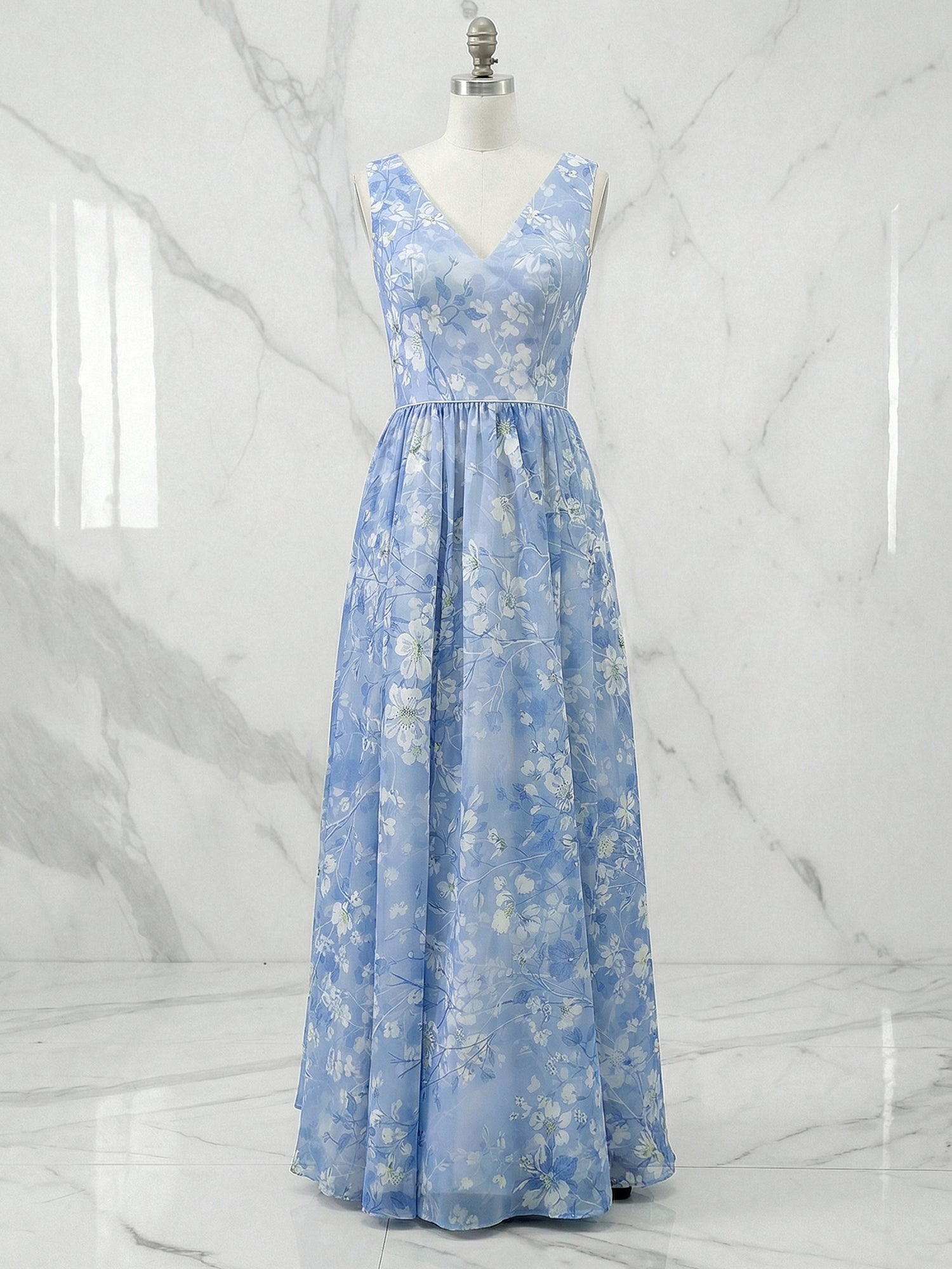 Light Blue Chiffon V Neck Sleeveless A-Line Maxi Dress