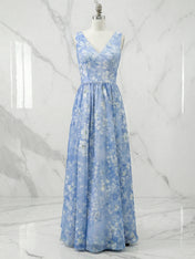 Light Blue Chiffon V Neck Sleeveless A-Line Maxi Dress