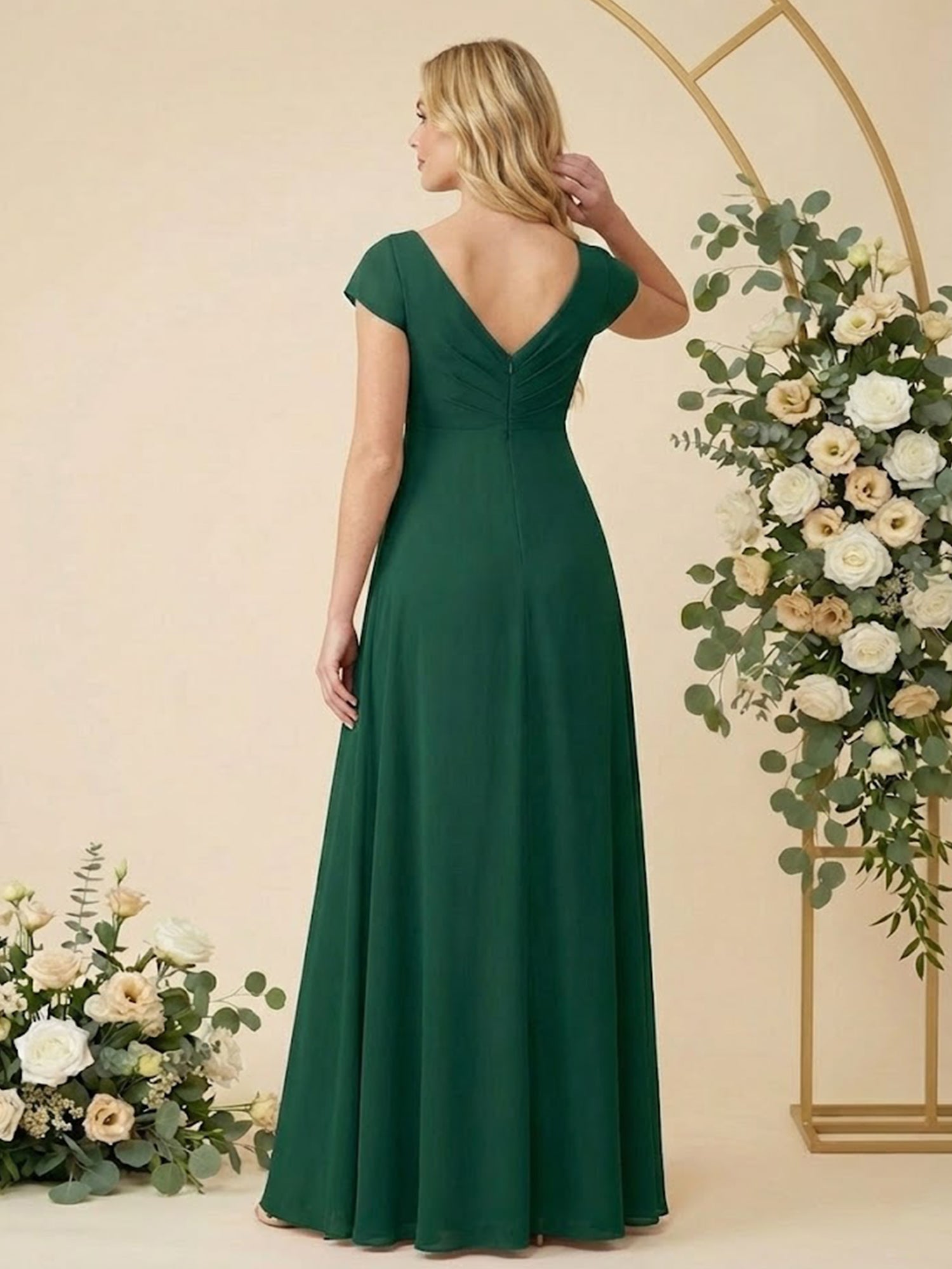 Cap Sleeves V Neck Chiffon Slit Pregnant Bridesmaid Dresses for Women