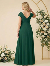 Cap Sleeves V Neck Chiffon Slit Pregnant Bridesmaid Dresses for Women