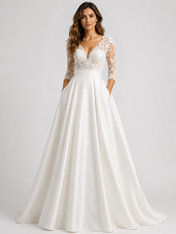 Elegant Lace Applique V-Neck Satin A-Line Wedding Dress with Sweep Train
