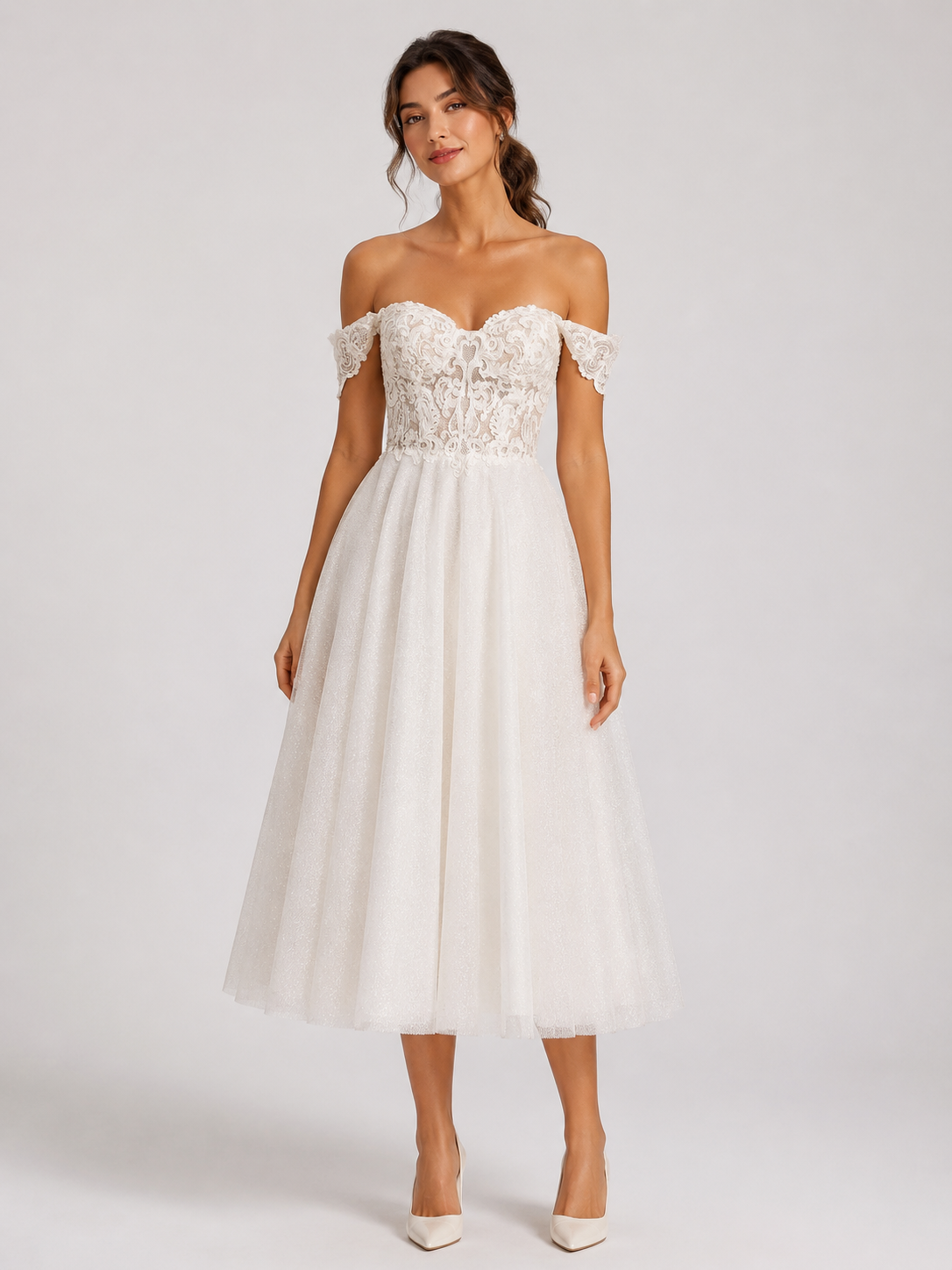 Elegant Off-the-Shelf Lace Bodice Glitter Tulle Midi Wedding Dress with Lace-Up Back