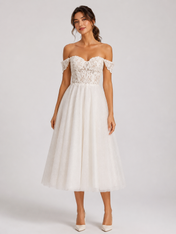 Elegant Off-the-Shelf Lace Bodice Glitter Tulle Midi Wedding Dress with Lace-Up Back