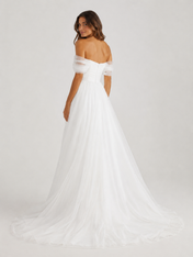 Elegant Off-the-Shoulder Ruched Tulle A-Line Wedding Dress with Chapel Train