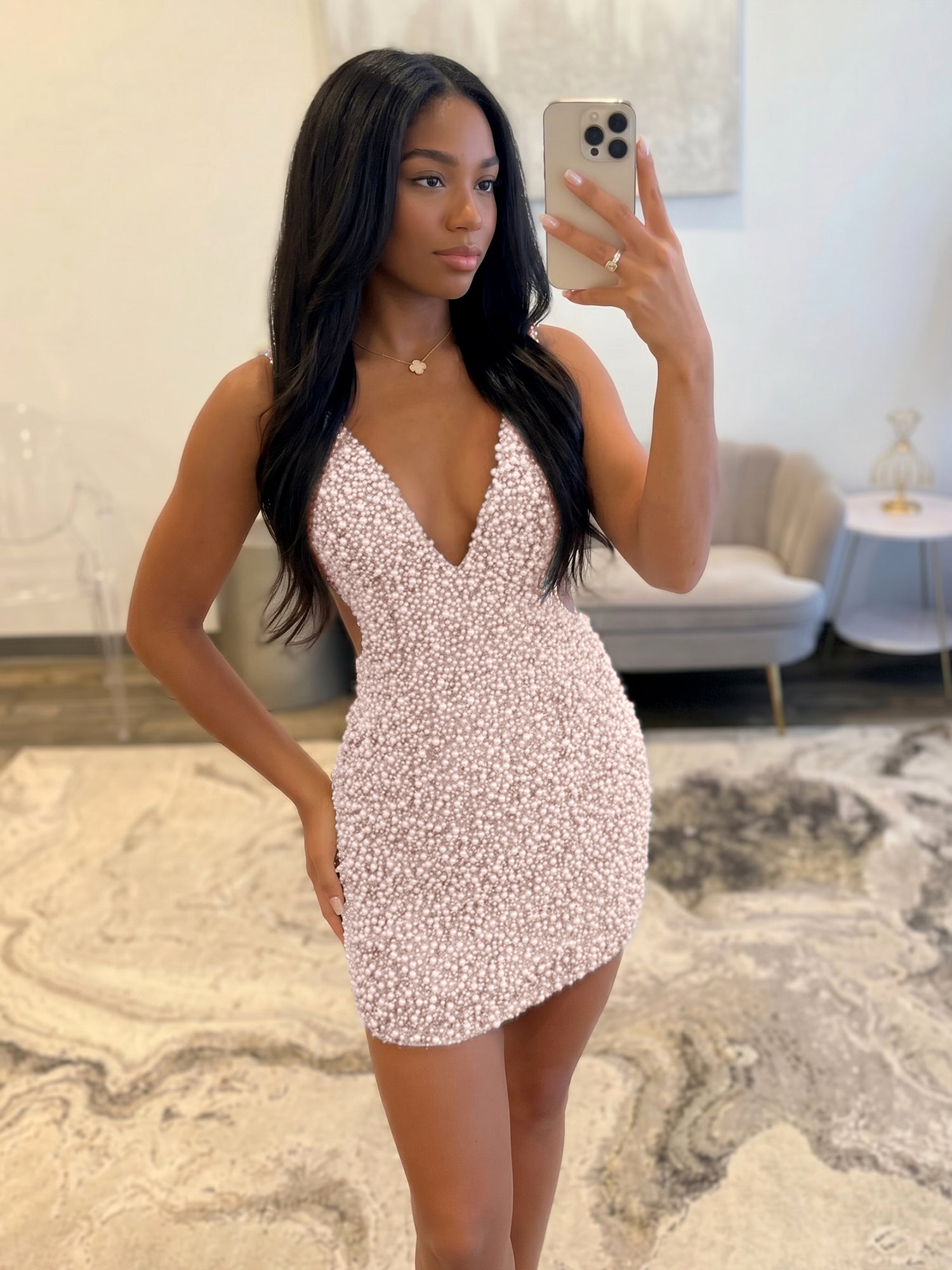 White V Neck Pearl Embellished Short Homecoming Dresses