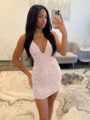 White V Neck Pearl Embellished Short Homecoming Dresses