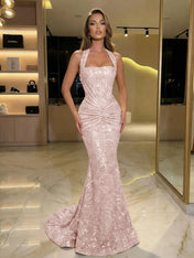 Gold Sequin Halter Mermaid Prom Dress with Ruched Waist