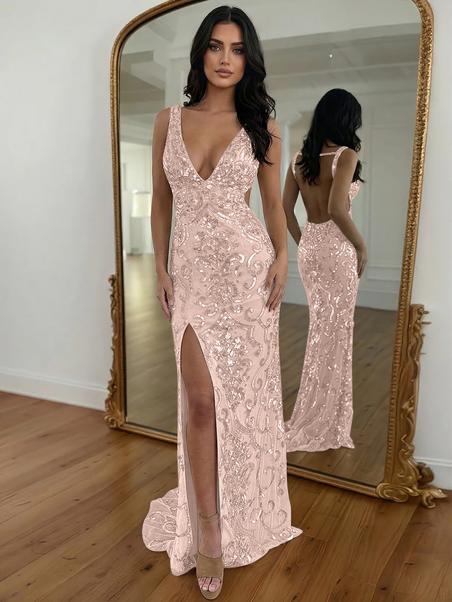 Gold Sequin V-Neck Open Back Mermaid Prom Dress with High Slit