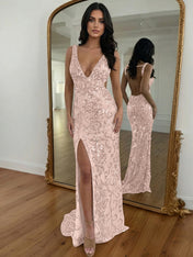 Gold Sequin V-Neck Open Back Mermaid Prom Dress with High Slit