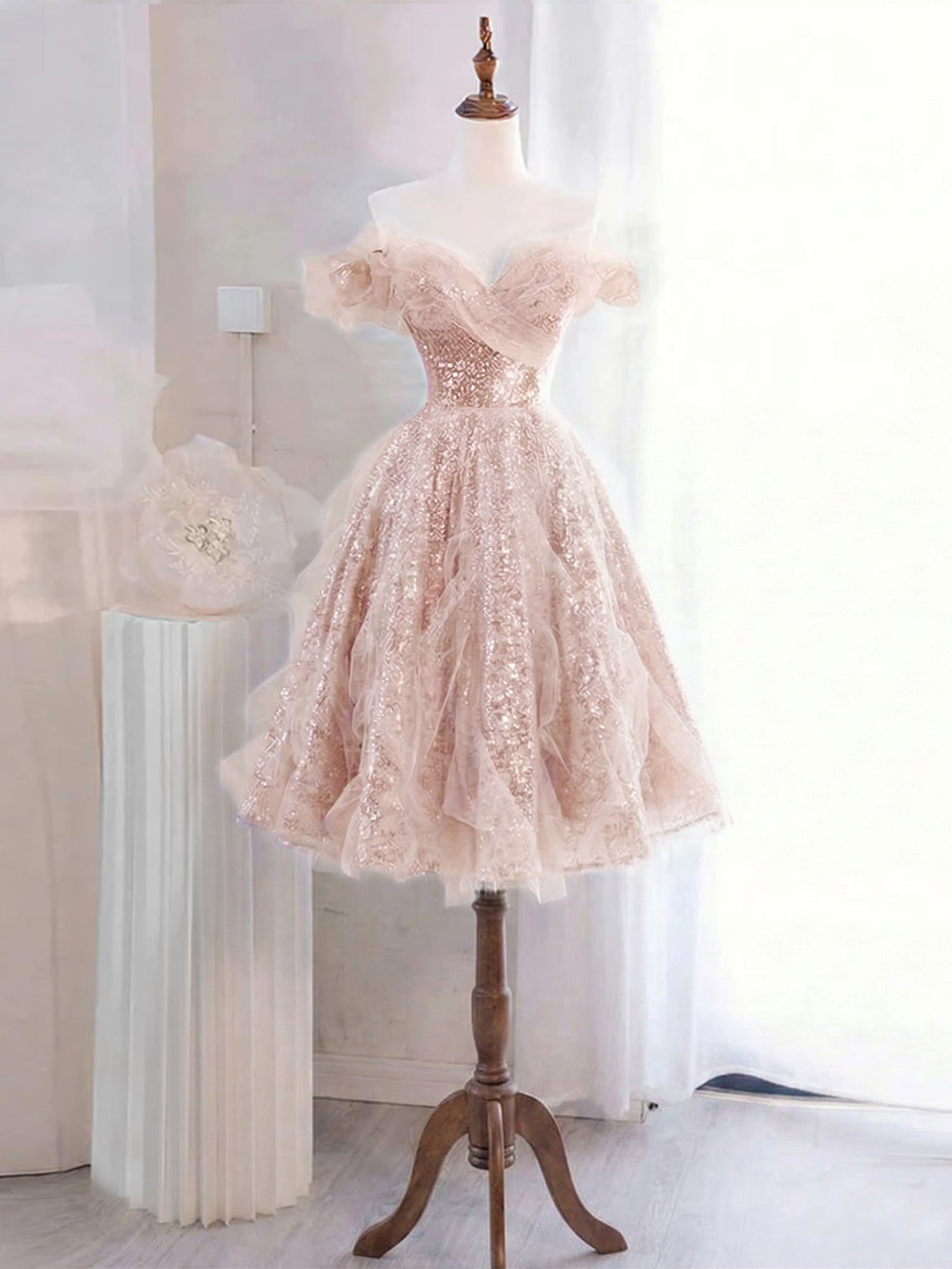 Whimsical Lavender Glitter Tulle Off-the-Shoulder Mini Homecoming Dress