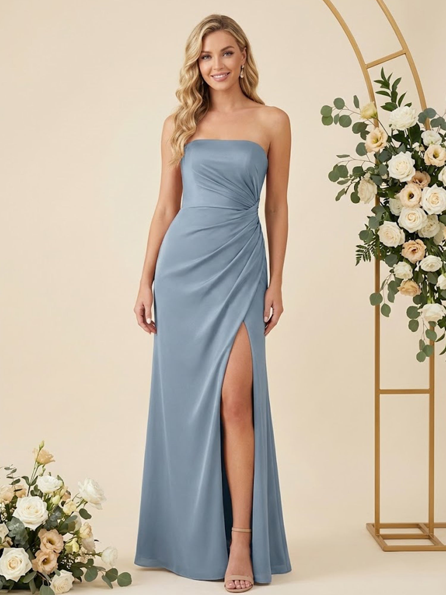 Simple Strapless Chiffon Pleat Slit Bridesmaid Dresses for Women