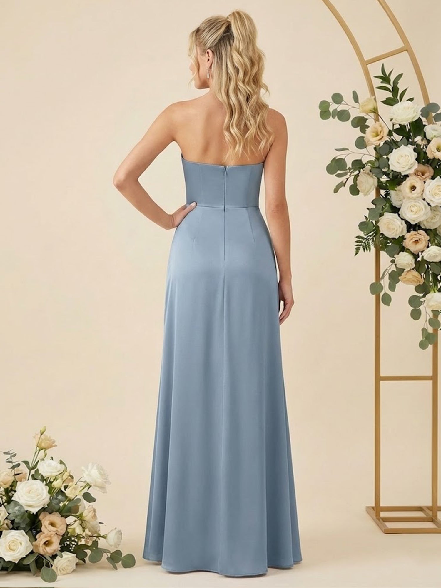 Simple Strapless Chiffon Pleat Slit Bridesmaid Dresses for Women