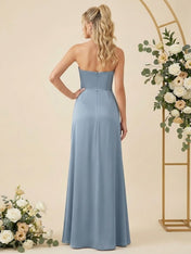 Simple Strapless Chiffon Pleat Slit Bridesmaid Dresses for Women