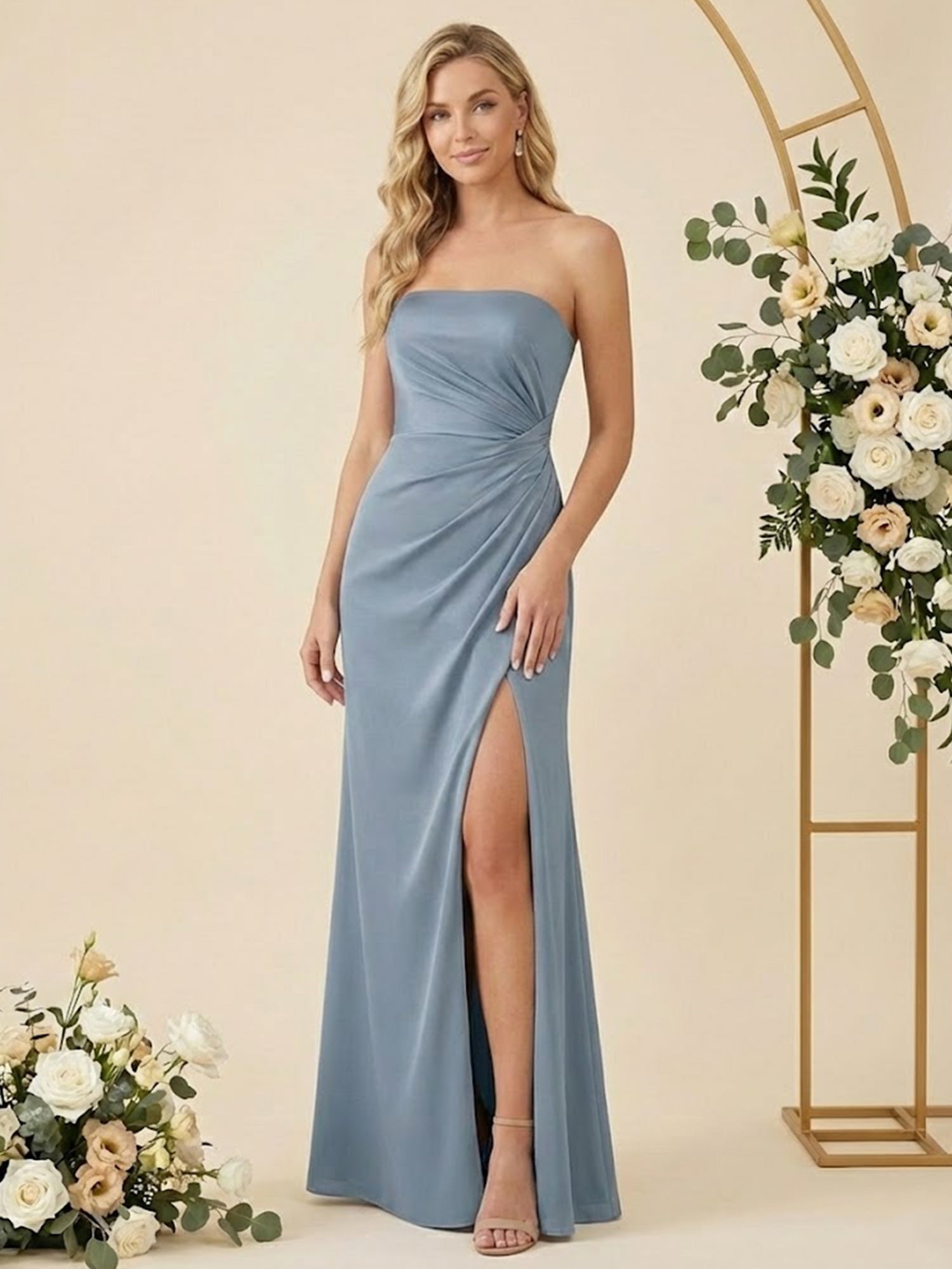 Simple Strapless Chiffon Pleat Slit Bridesmaid Dresses for Women