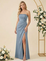 Simple Strapless Chiffon Pleat Slit Bridesmaid Dresses for Women