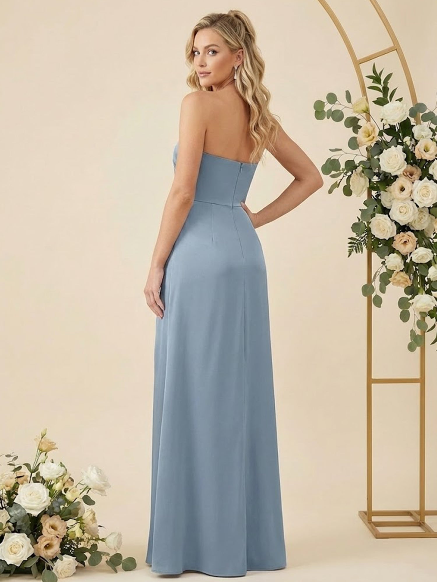 Simple Strapless Chiffon Pleat Slit Bridesmaid Dresses for Women