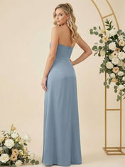 Simple Strapless Chiffon Pleat Slit Bridesmaid Dresses for Women