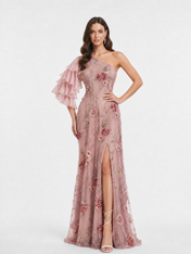 Floral Print A-Line/Princess One Shoulder Floor-Length Evening Dresses with Ruffles