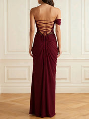 Formal Evening Dress Burgundy Off the Shoulder Ruched Maxi Dress