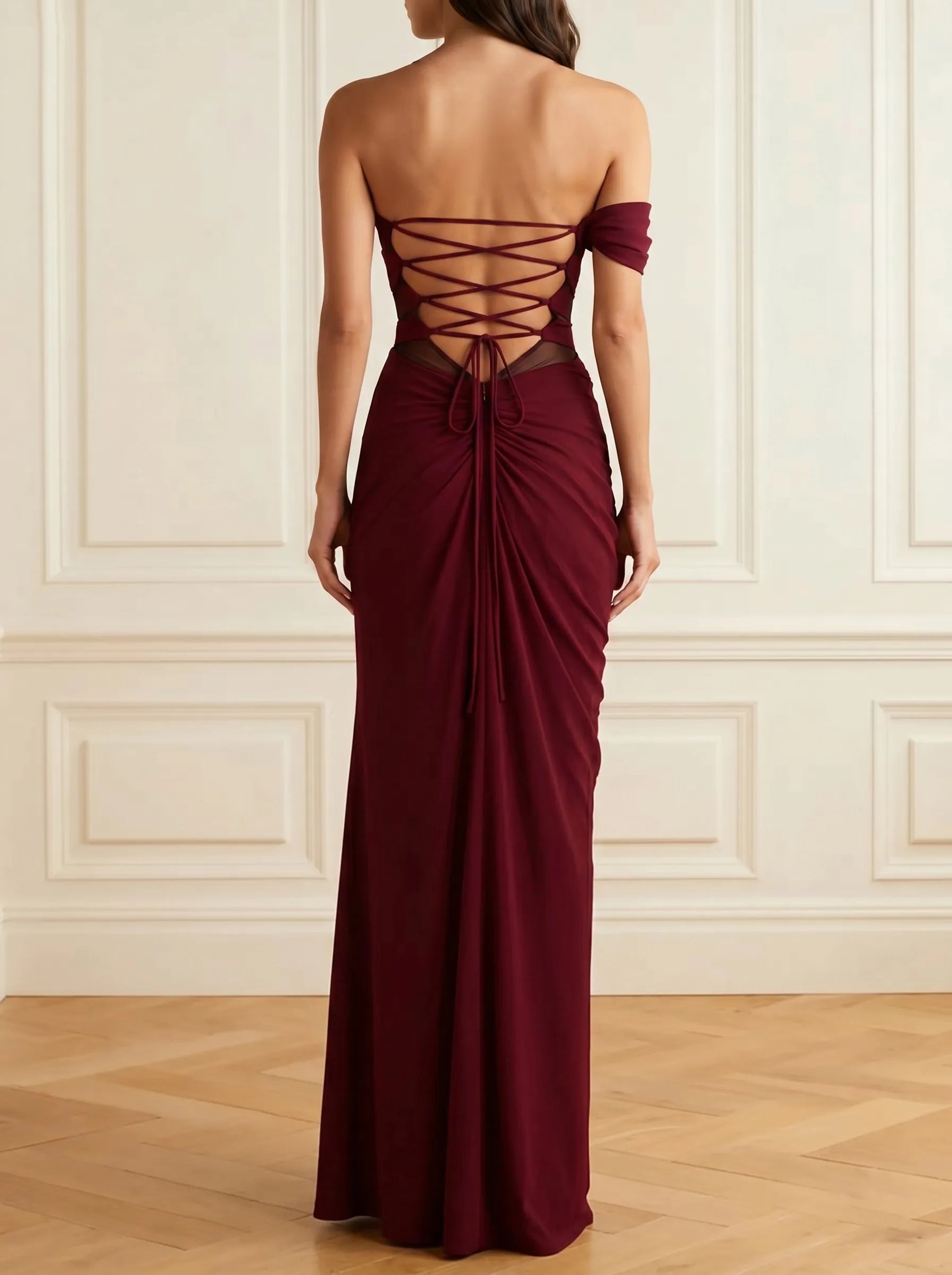 Formal Evening Dress Burgundy Off the Shoulder Ruched Maxi Dress