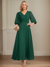 A-line V-Neck Ankle-Length Chiffon Mother of the Bride Dress With Pleated Sequins Beading