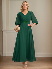 A-line V-Neck Ankle-Length Chiffon Mother of the Bride Dress With Pleated Sequins Beading