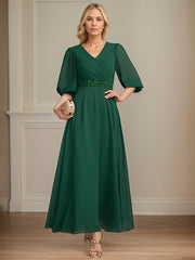 A-line V-Neck Ankle-Length Chiffon Mother of the Bride Dress With Pleated Sequins Beading