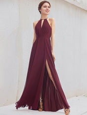 Mulberry A-Line Halter Floor-Length Chiffon Bridesmaid Dress
